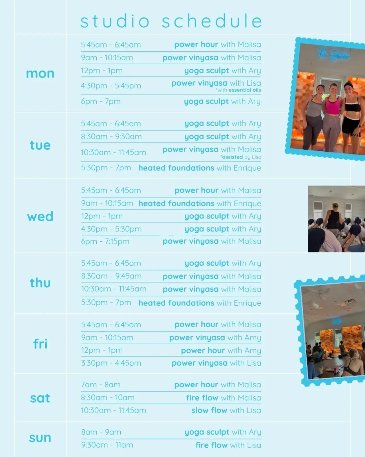 Weekly fitness class schedule for The Studio with sessions listed by day and time.