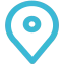 Blue map location pin icon with a circular center on a light gray background.