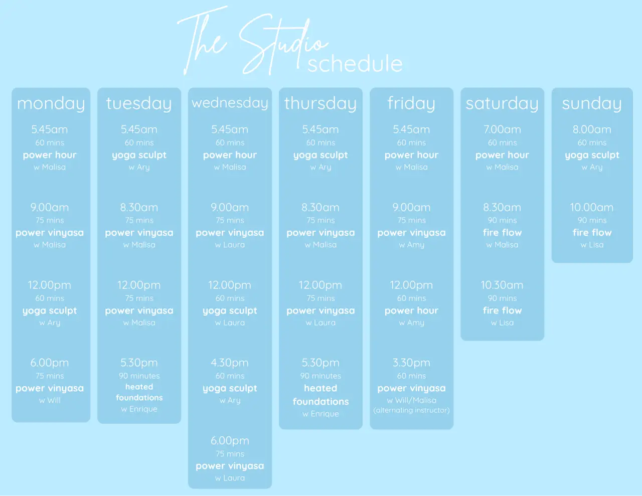 Weekly fitness class schedule for The Studio with sessions listed by day and time.