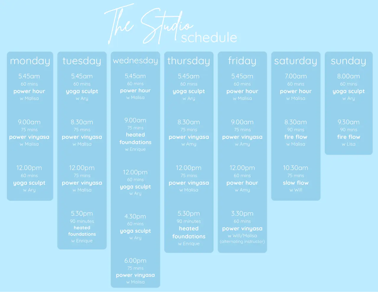 Weekly fitness class schedule for The Studio with sessions listed by day and time.