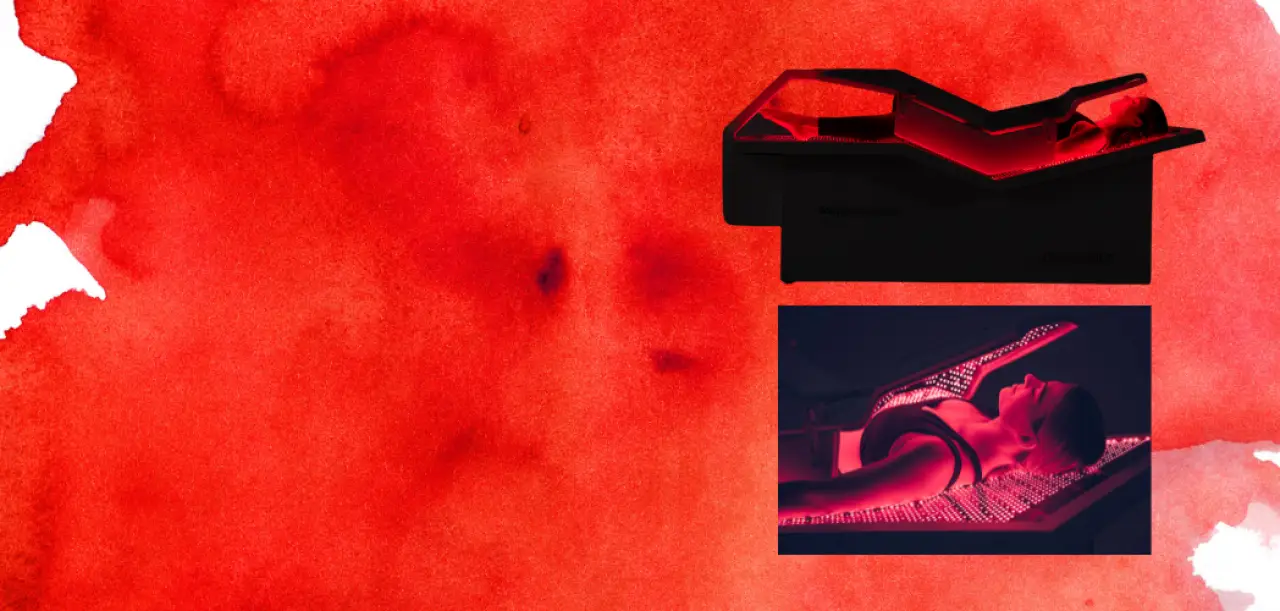 Two people lying in futuristic red-lit therapy beds on a vibrant red watercolor background.