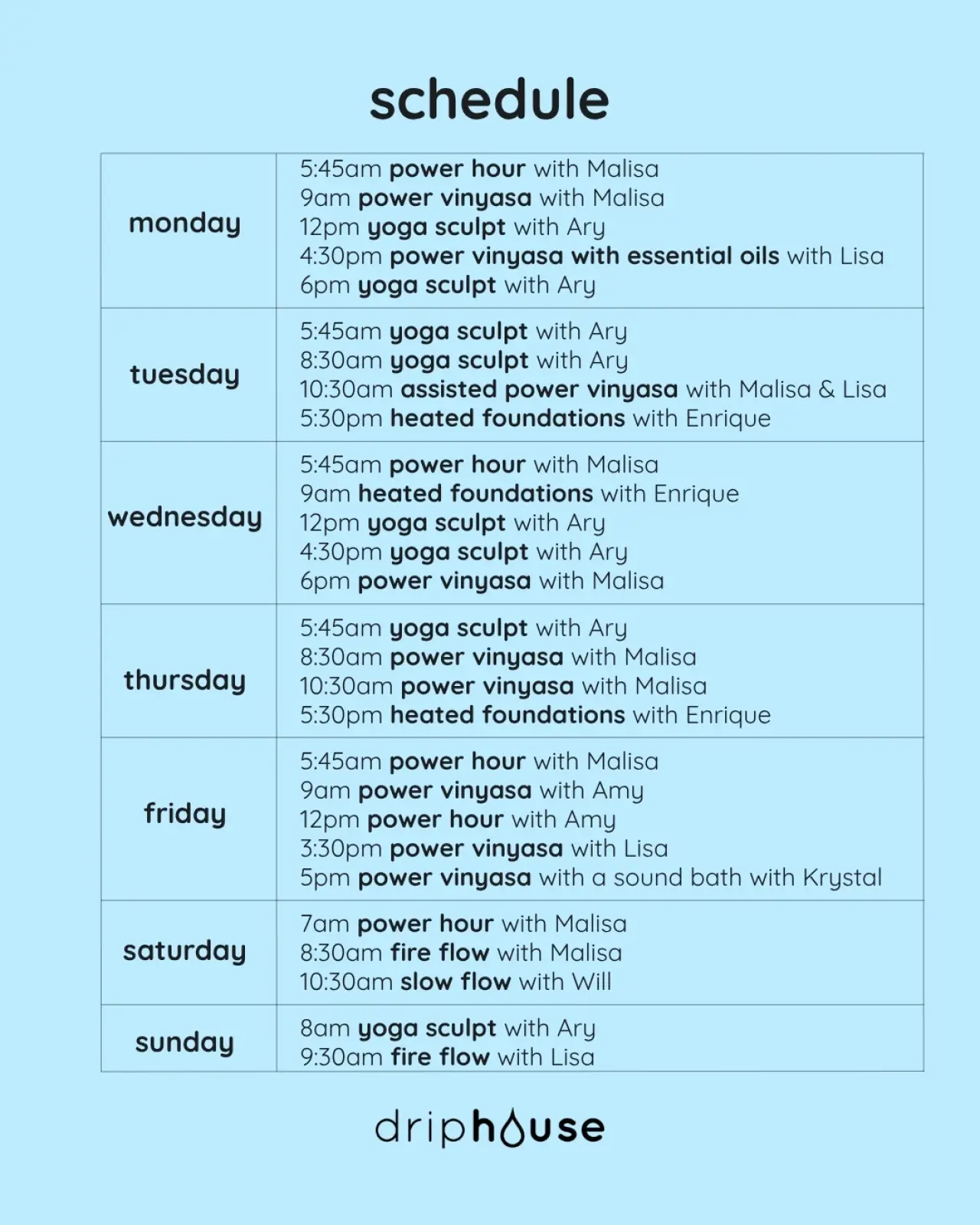 Weekly fitness class schedule for The Studio with sessions listed by day and time.