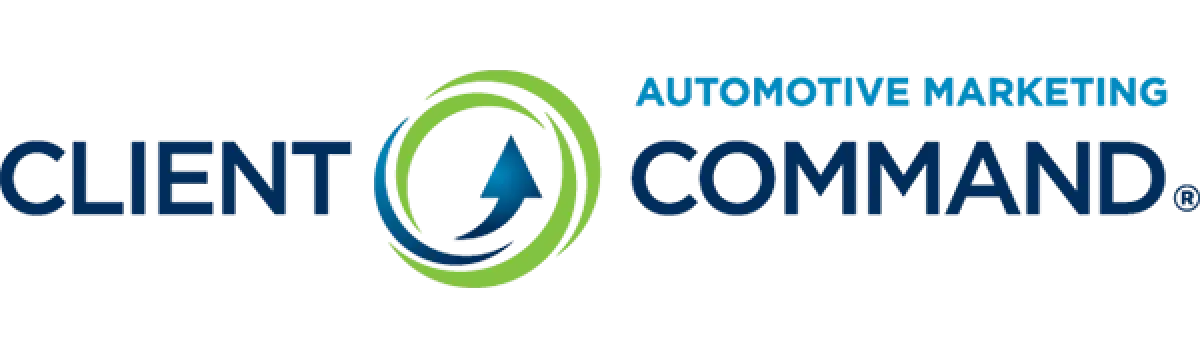Client Command automotive marketing logo with blue text and a blue arrow in a green circle.