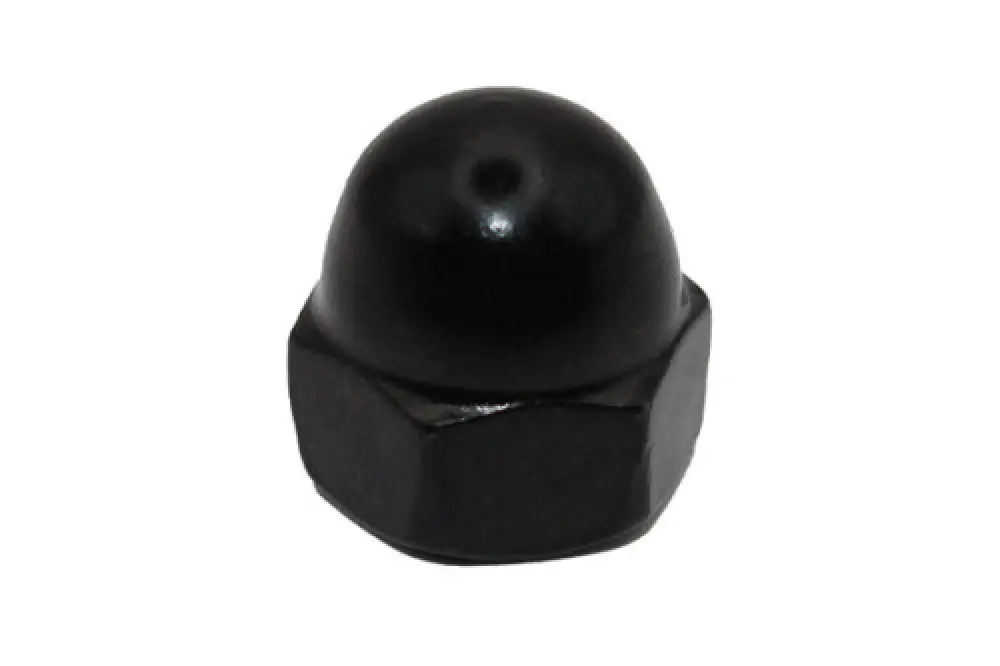 Black oxide acorn nut for cable railing hardware.