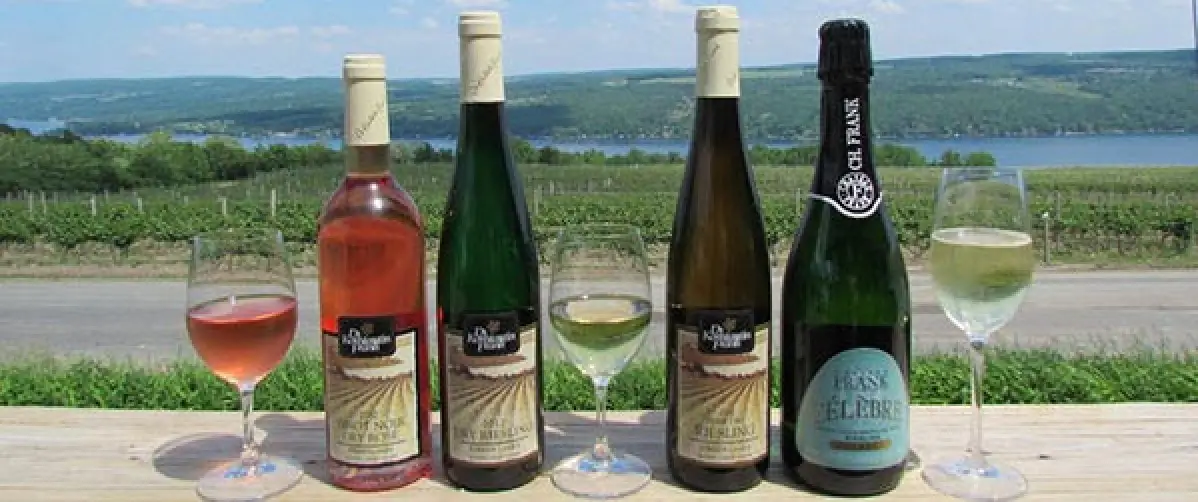five wine bottles and filled glasses sit on a wooden table with a vineyard and lake in the background