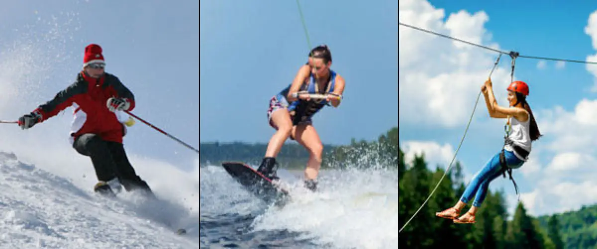 three people doing sports: skiing on snow, wakeboarding on water, and ziplining over trees