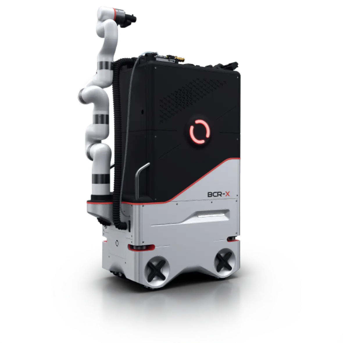 A black and white robot with a flexible arm and wheels, labeled BCR-X on the front.