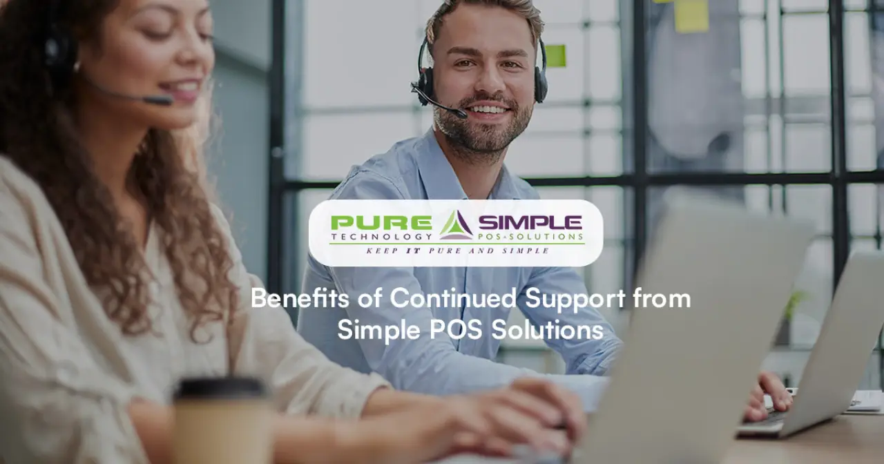 Man on a phone headset smiling at camera next to a woman on a laptop "benefits of continued support from simple pos solutions"