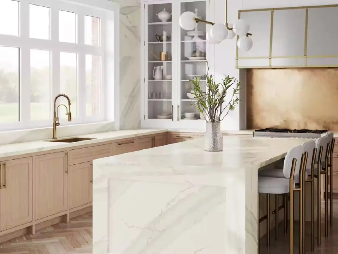 kitchen with a quartz countertop and island