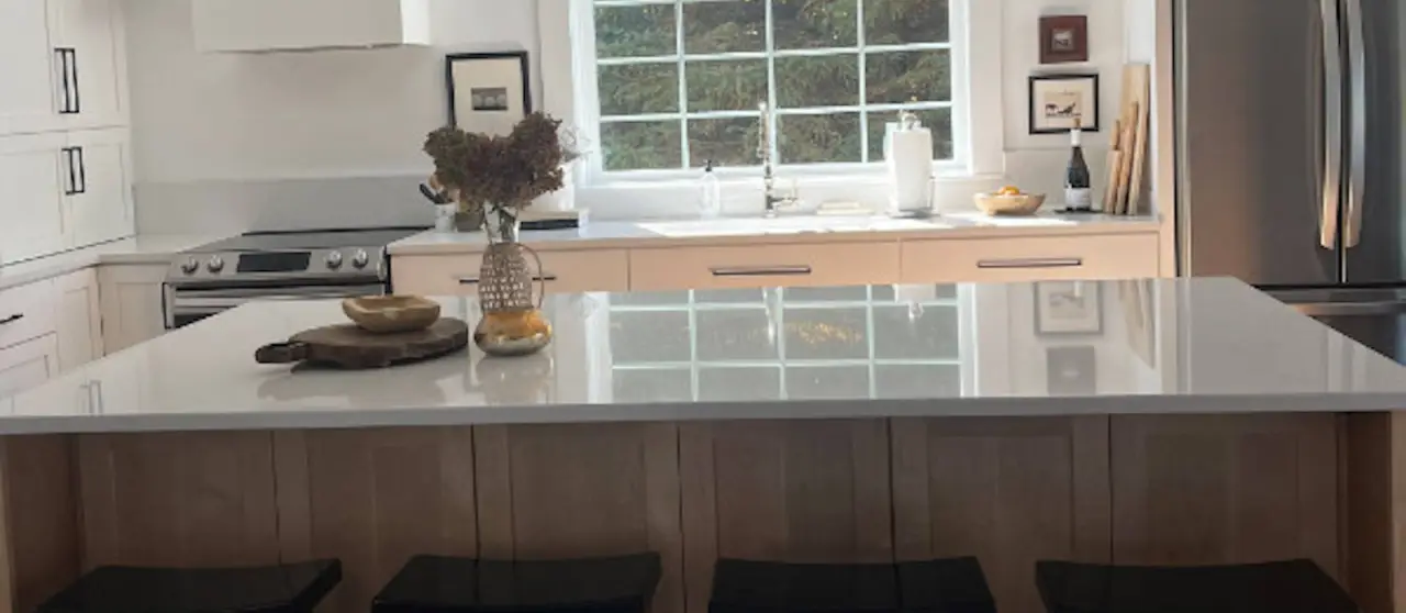 white countertops with window reflection