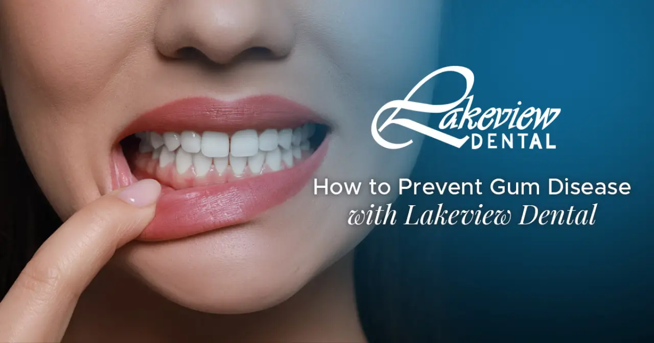 woman holding down her lip to show her gums how to prevent gum disease with lakeview dental