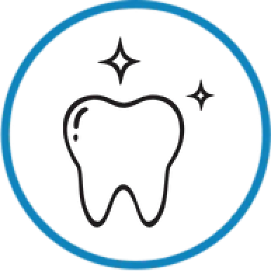 Simple tooth illustration with sparkles, enclosed in a blue circle, symbolizing dental cleanliness.