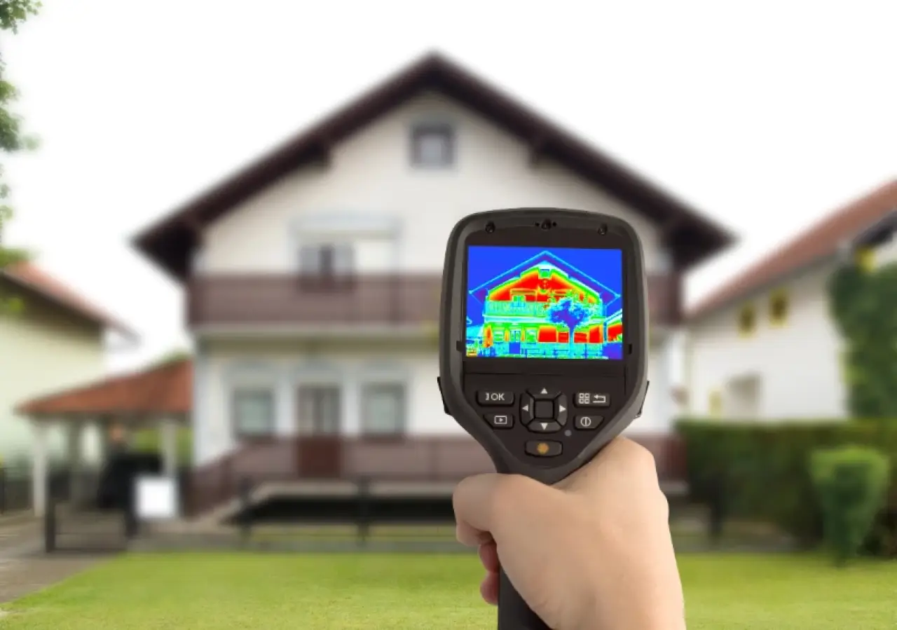 A hand holds a thermal camera showing a heat map of a house in the background.