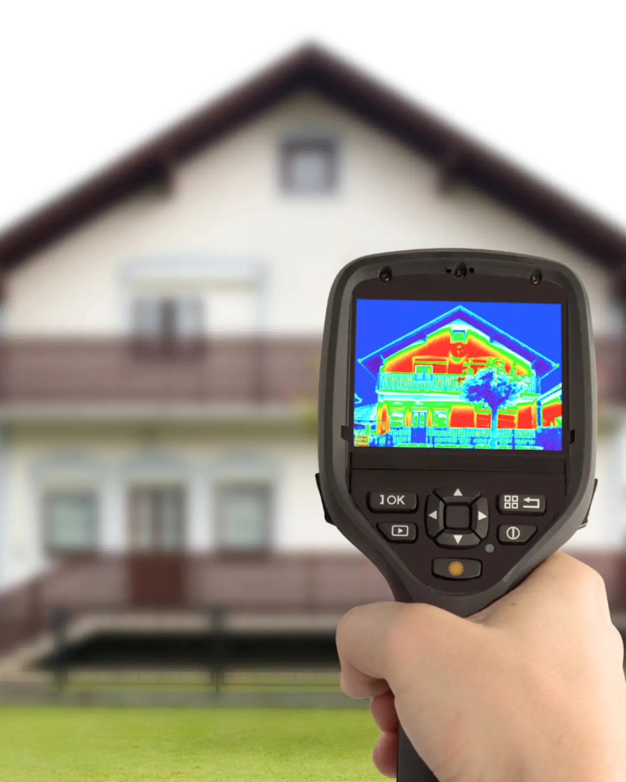A hand holds a thermal imaging camera showing heat distribution on a house exterior.
