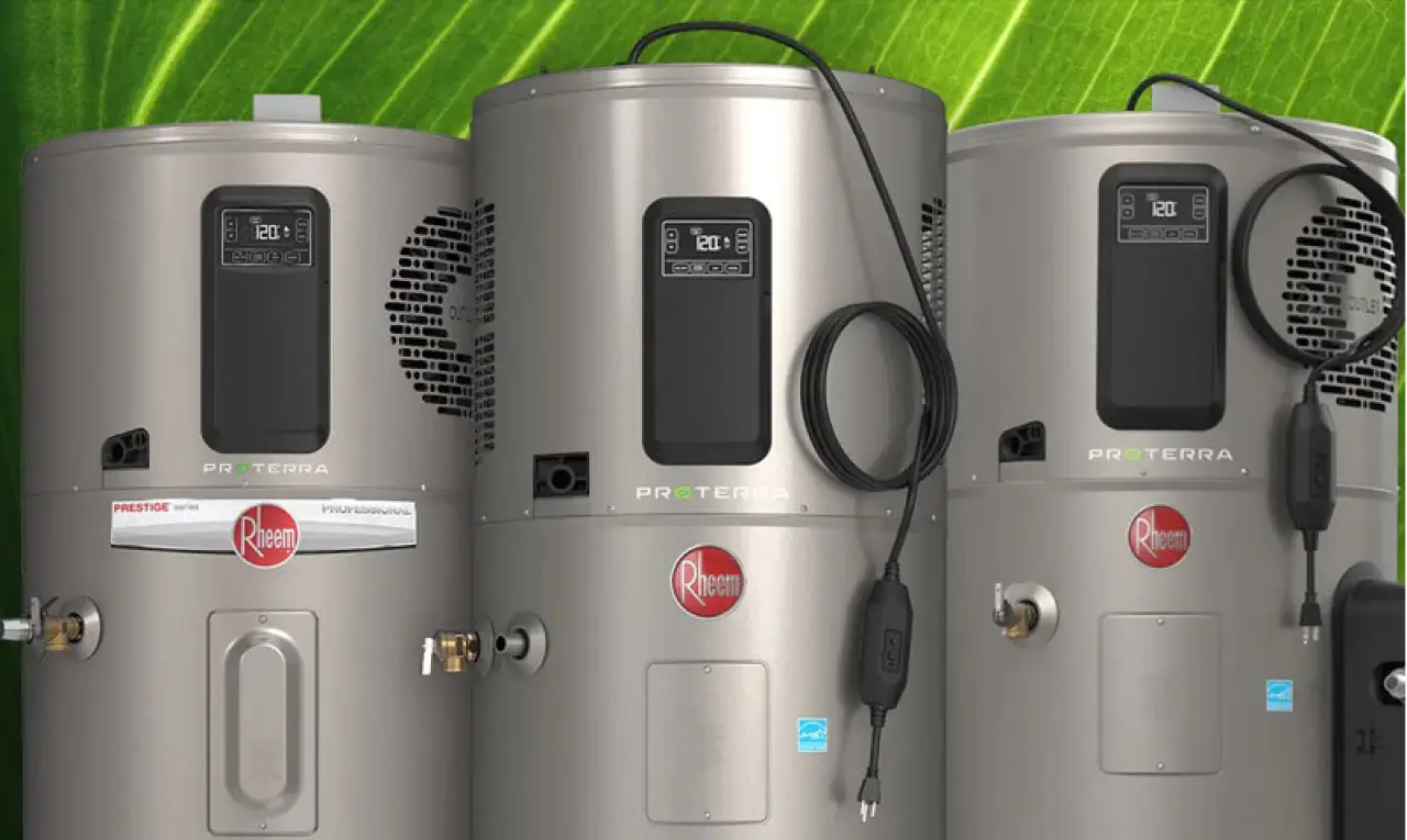 Three Rheem ProTerra water heaters with digital displays and power cords, set against a green background.