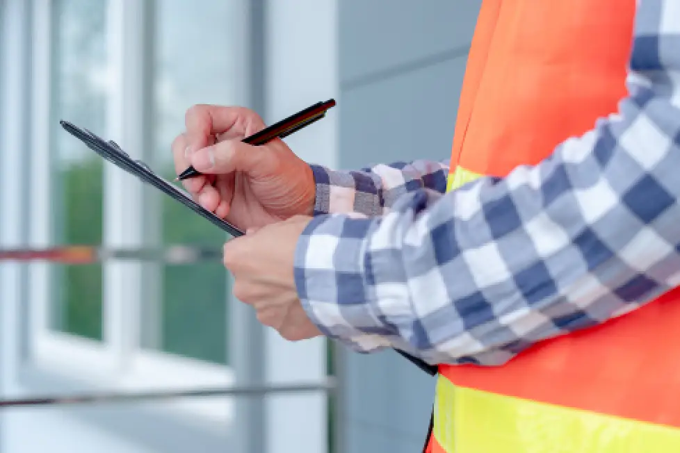 man in reflective vest and plaid shirt holding clipboard