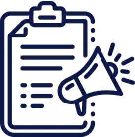 Icon of a clipboard with writing and a megaphone symbol, representing an announcement or alert.
