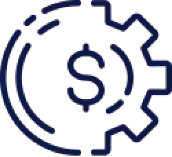 Dark blue gear with a dollar sign inside, symbolizing financial or business settings.