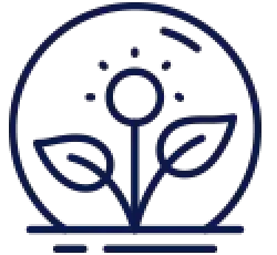 A simple dark blue line icon of a flower with two leaves inside a partial circle.