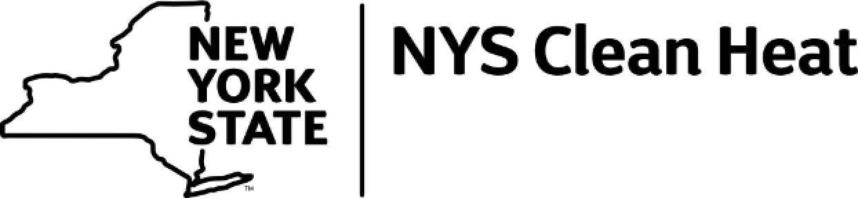Outline of New York State with text: NEW YORK STATE | NYS Clean Heat on a light background.