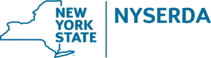 Outline of New York State and text: New York State | NYSERDA in blue font on white background.