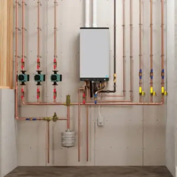Wall-mounted tankless water heater with copper pipes and multiple valves in a utility room.