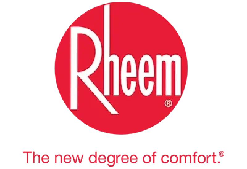 Red Rheem logo with the slogan The new degree of comfort underneath in red text.