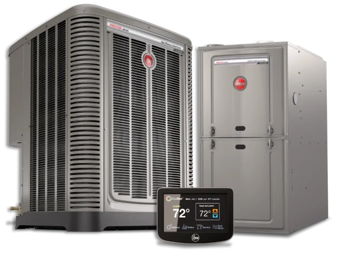 Rheem air conditioning unit, furnace, and smart thermostat display showing a temperature of 72°F.