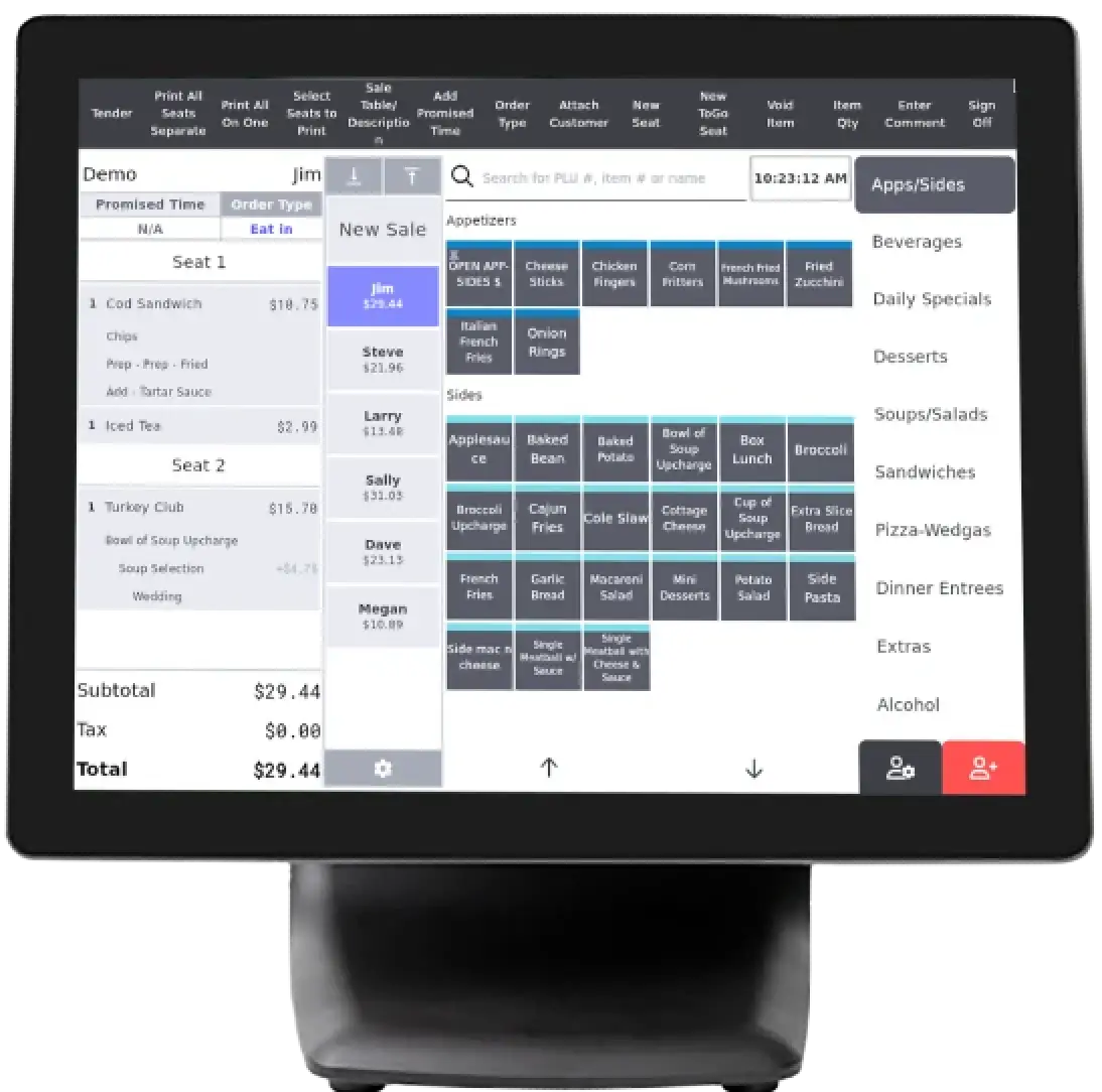 A restaurant POS touchscreen displaying orders, menu items, and totals for different seats.
