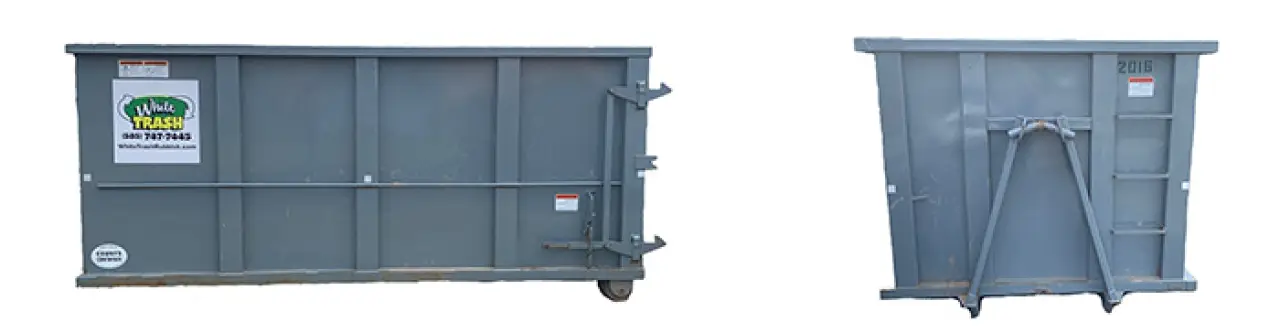 A large gray metal dumpster shown from the side and the end, with a business sticker attached.