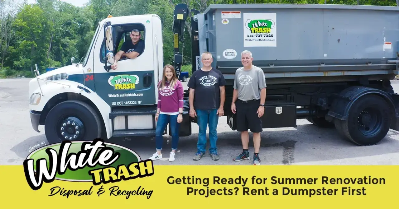 Four people stand by a White Trash Disposal truck promoting dumpster rental for renovations.