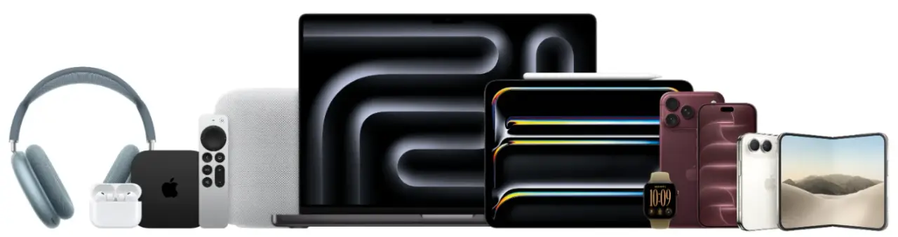 Apple product family including AirPods Max, Apple TV, MacBook Pro, iPad Pro, Apple Watch, and iPhone