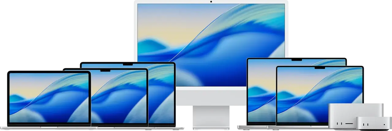 Apple Mac lineup including MacBook Air, MacBook Pro, iMac, and Mac mini