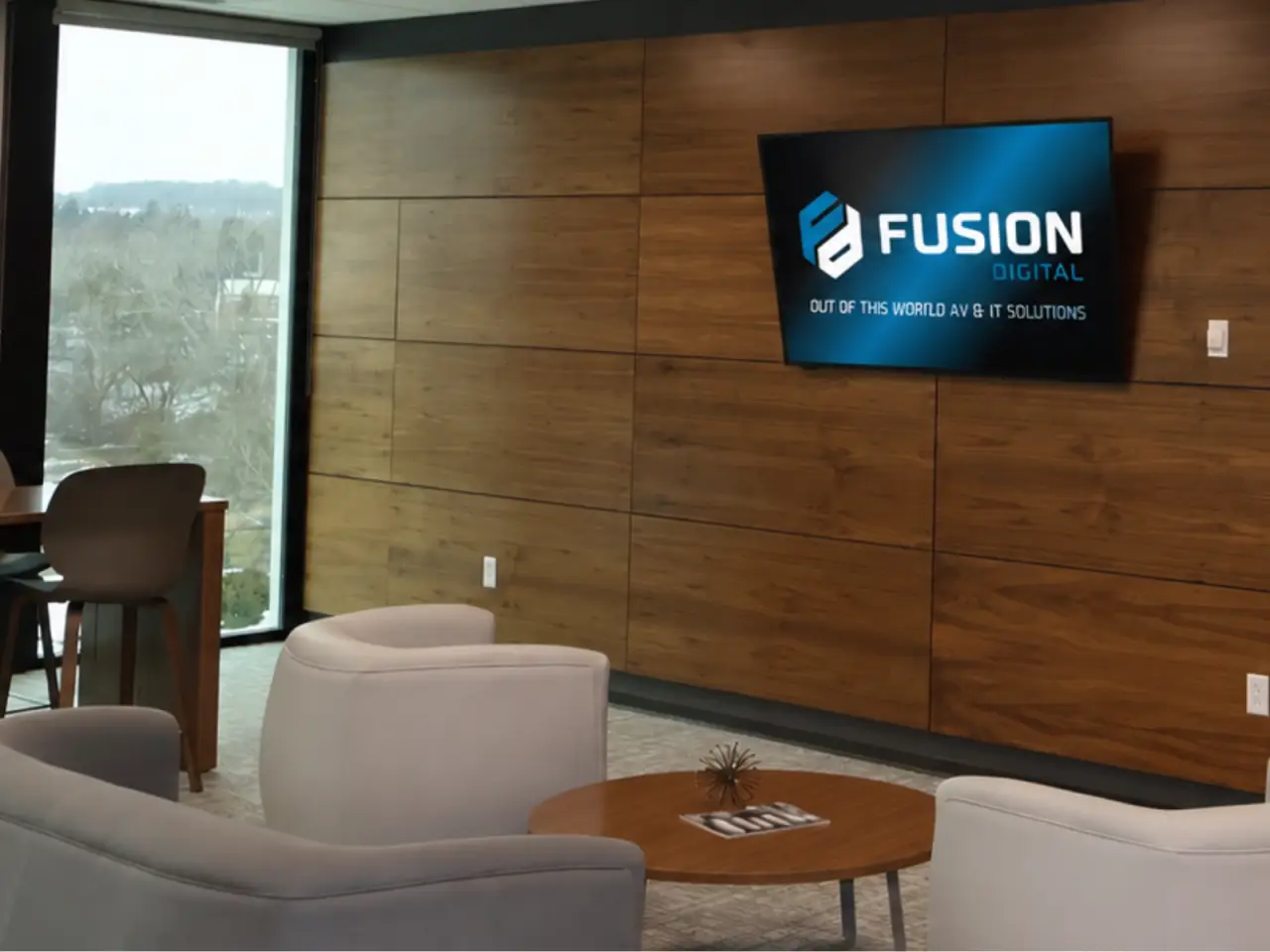 Bank headquarters collaboration space with integrated Fusion Digital AV systems.