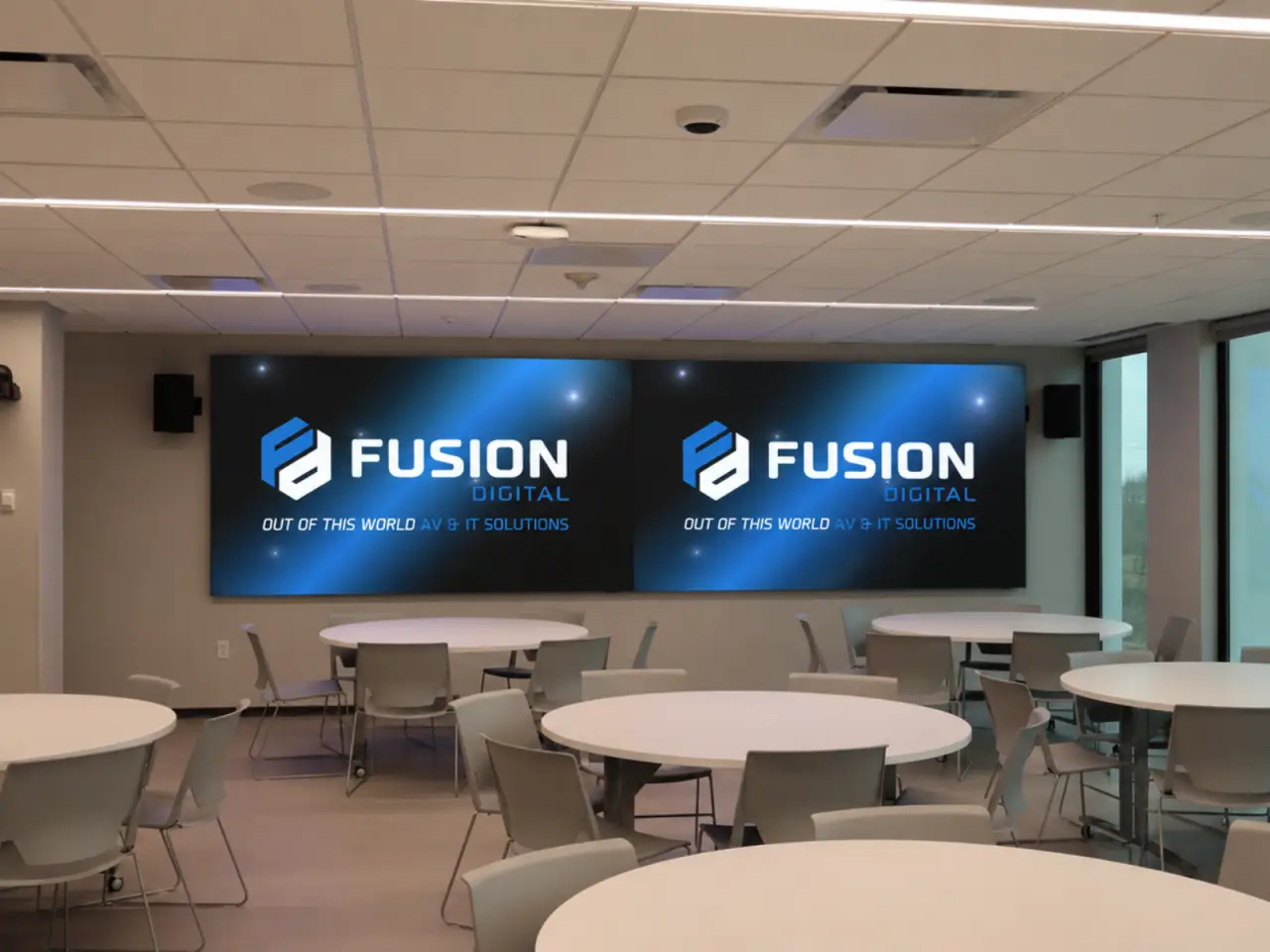 Bank headquarters meeting space featuring direct view LED video walls installed by Fusion Digital.