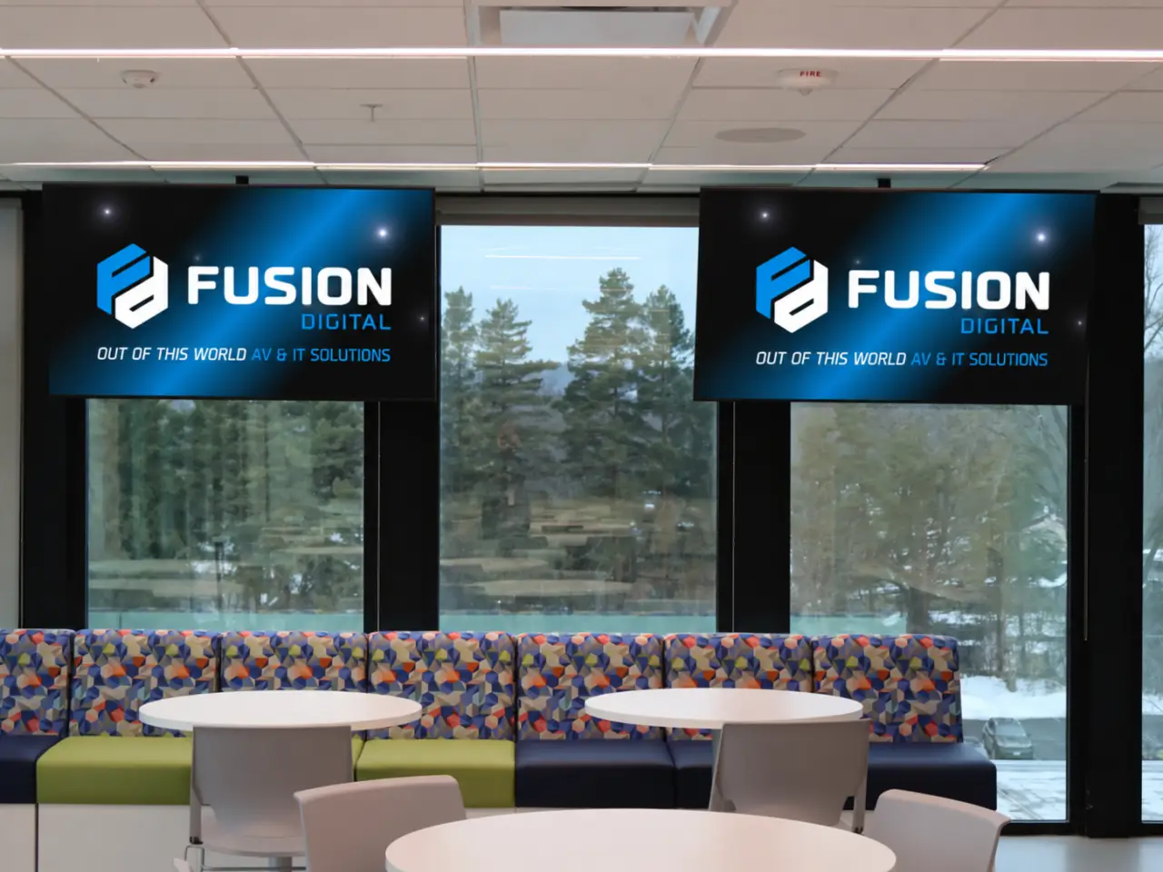 Commercial TV display installed at a bank headquarters by Fusion Digital.