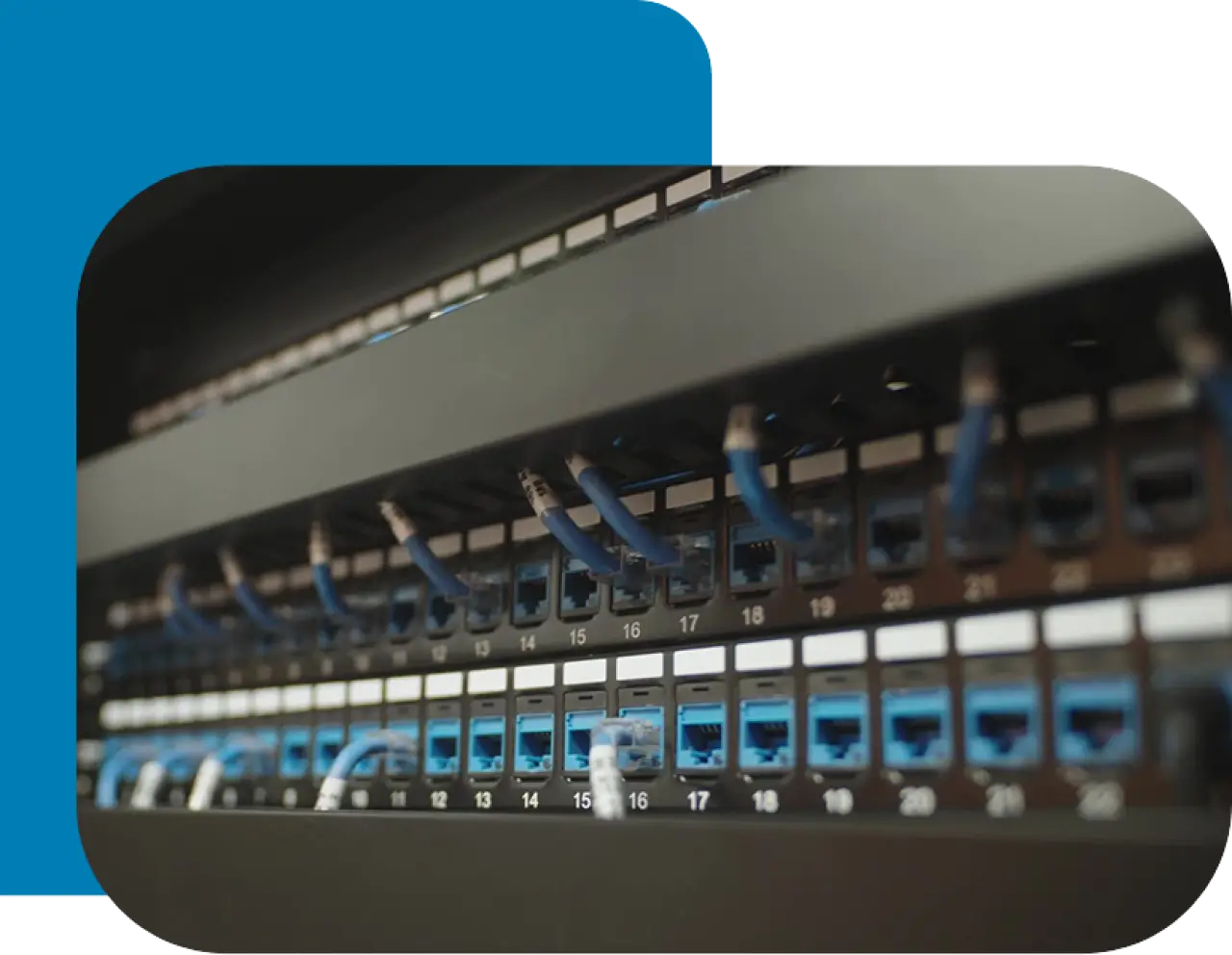 Custom-built AV equipment rack with network cabling installed by Fusion Digital at the Greece Community Center