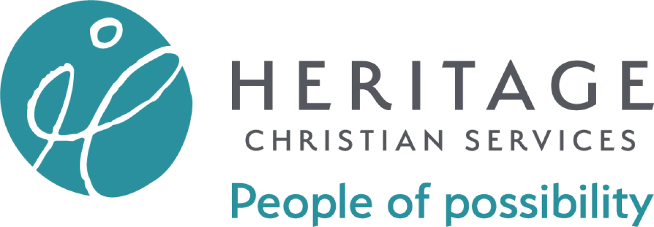 Heritage Christian Services logo with teal abstract figure and text People of possibility.