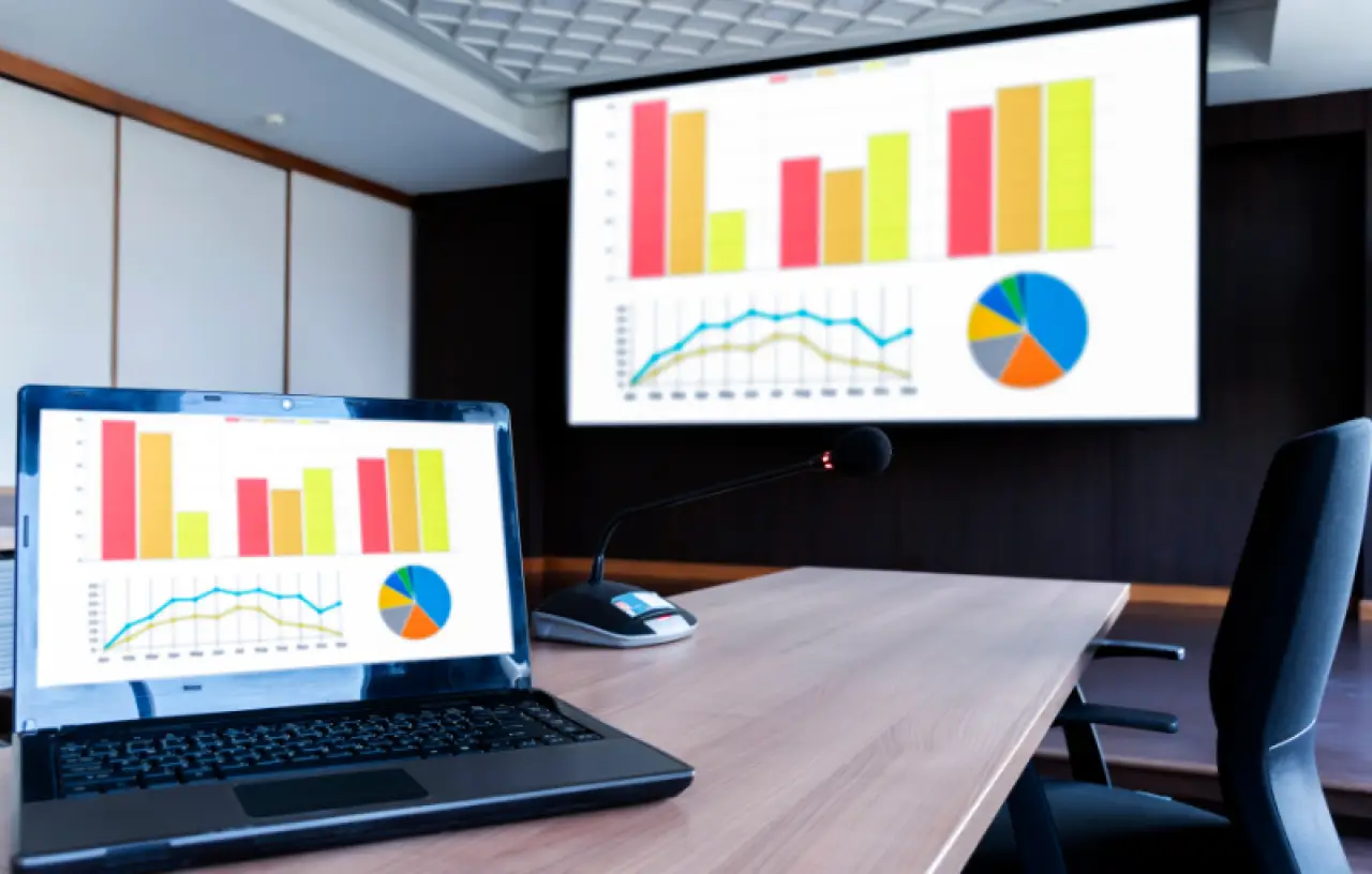 corporate graphics on a computer and screen