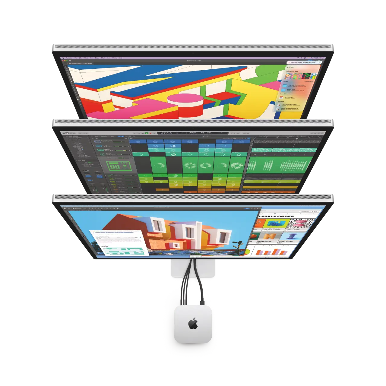 Mac mini powering three stacked displays