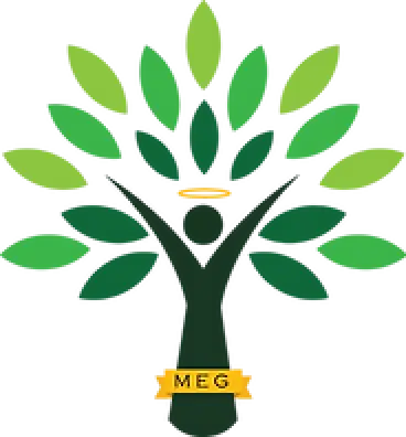 Green abstract tree with stylized branches and MEG written at the base.