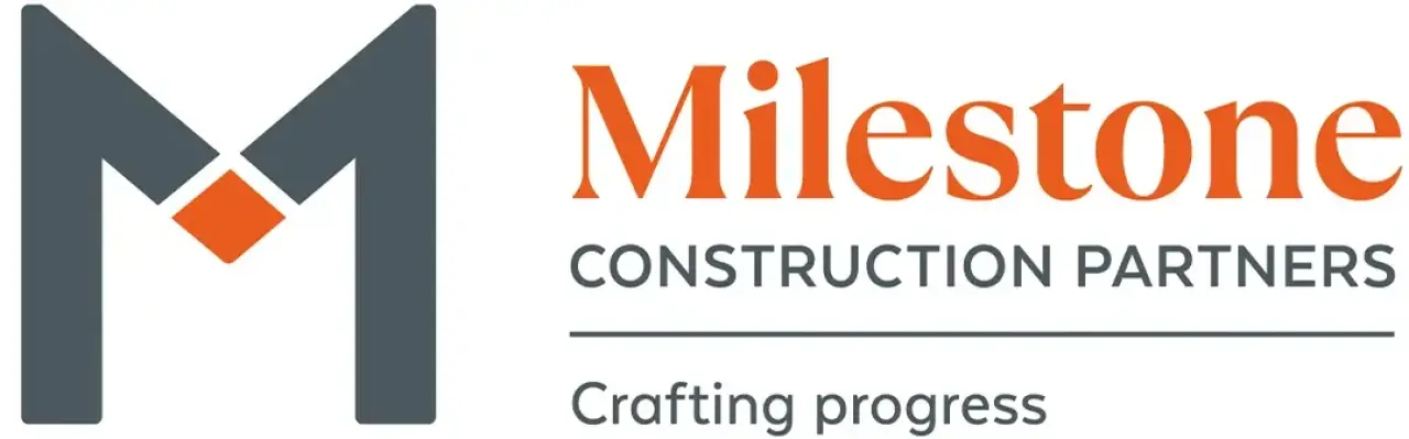 Milestone Construction Partners logo with slogan Crafting progress and geometric M design.