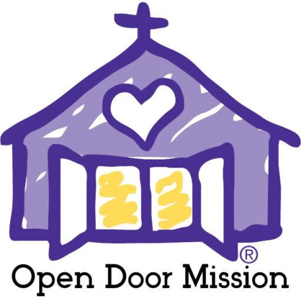 Logo of Open Door Mission with a purple church and heart above open yellow double doors.