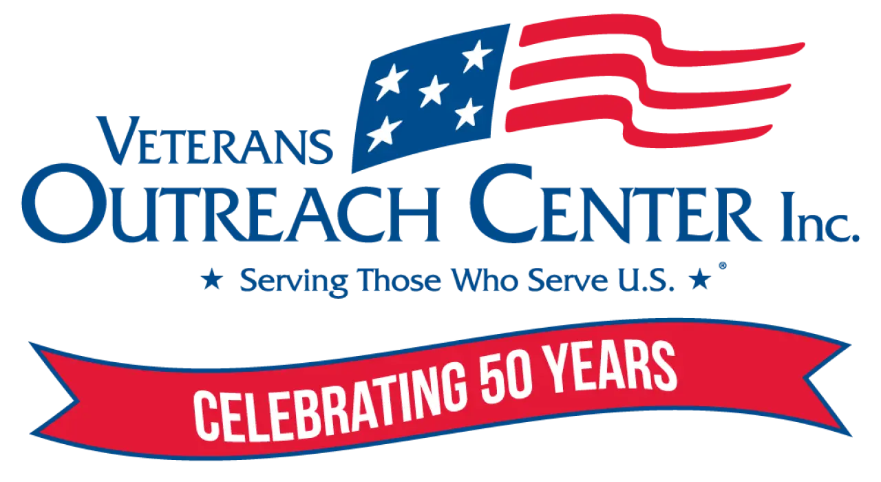 Logo of Veterans Outreach Center with Celebrating 50 Years banner and U.S. flag motif.