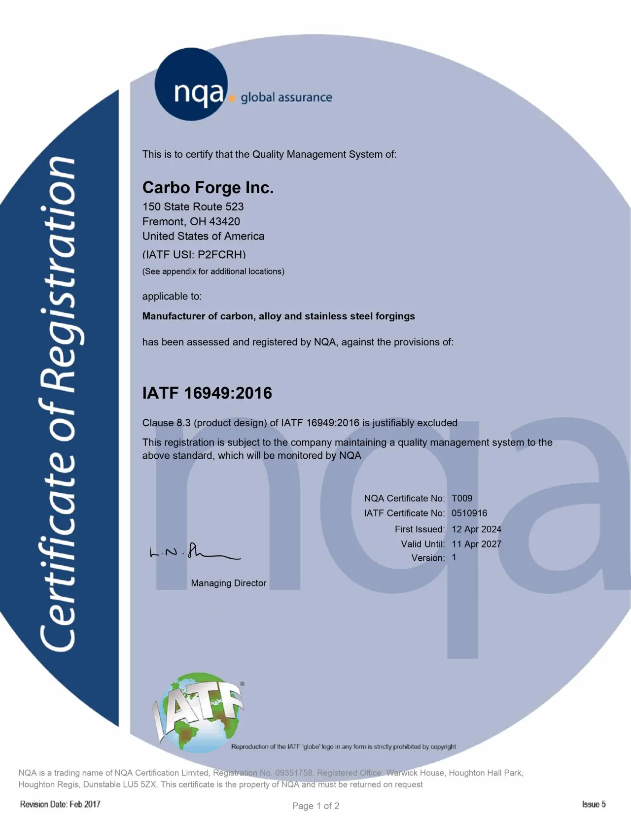 IATF 16949 Certificate