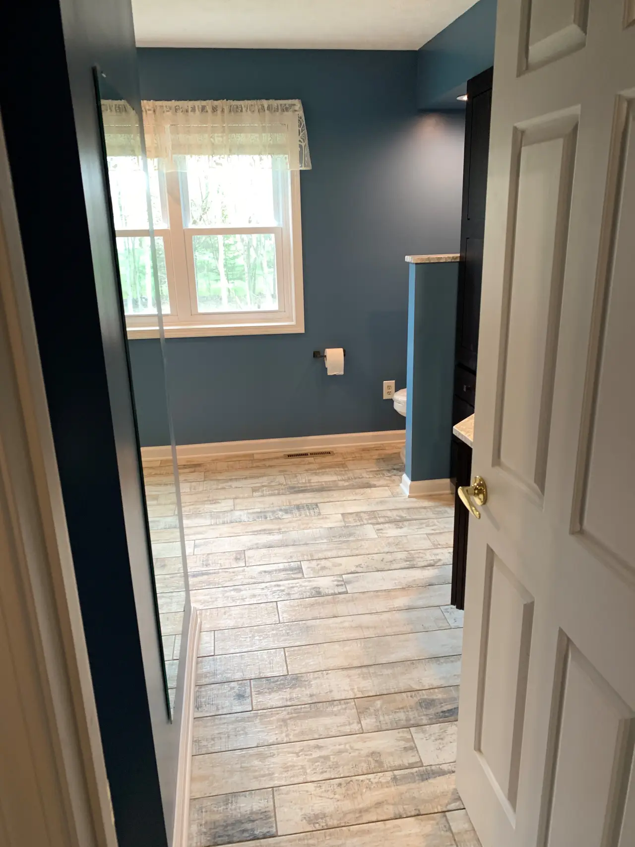 A view of a bathroom from an open door, featuring blue walls, a window, and wooden-style flooring.