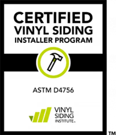 Certified Vinyl Siding Installer Program badge with a hammer icon and Vinyl Siding Institute logo.