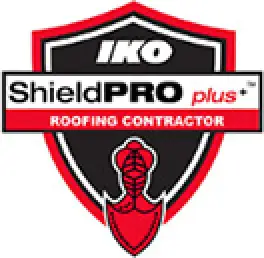 IKO ShieldPRO plus+ Roofing Contractor logo with a red and black shield and a stylized helmet.