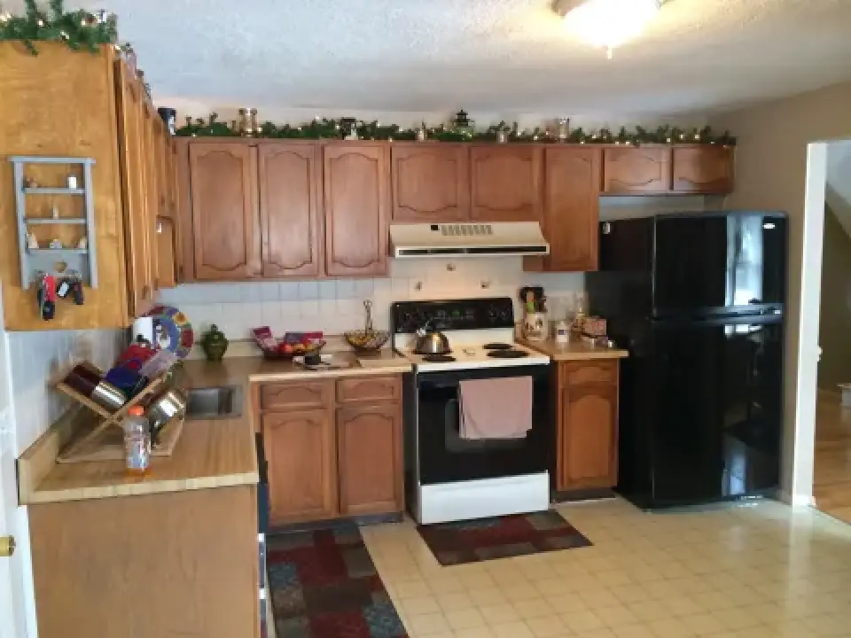 A cozy kitchen with wooden cabinets, black appliances, and greenery above the cabinets.