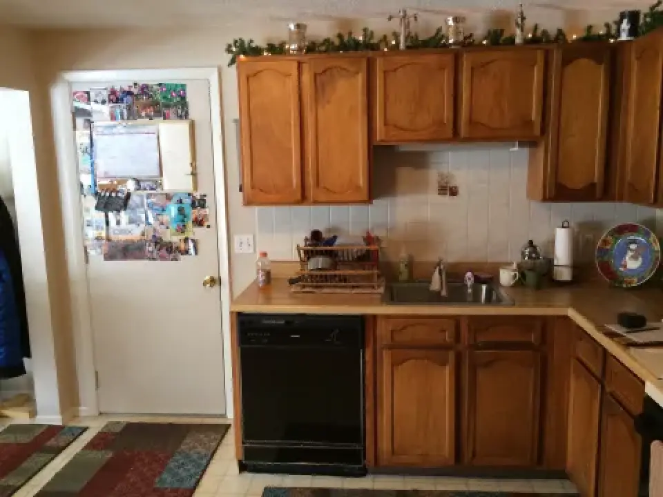 Wooden kitchen cabinets, a dishwasher, dish rack, and decorated door with photos and notes.